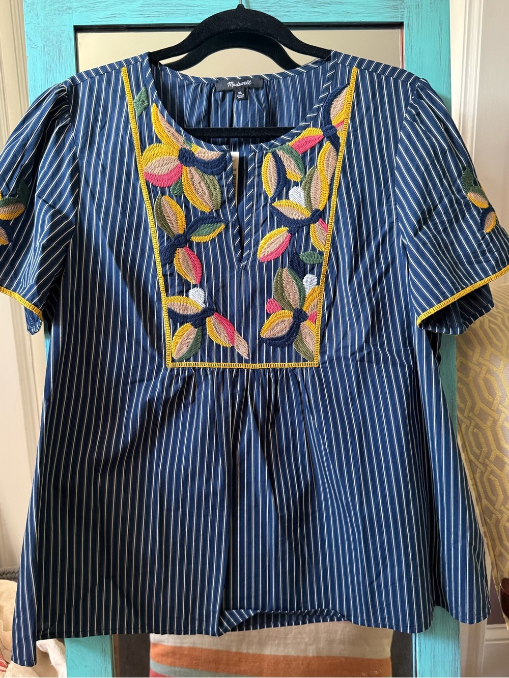 Madewell  Navy Pinstripe Embroidered Cotton Top - Multicolor Floral
Size XL
